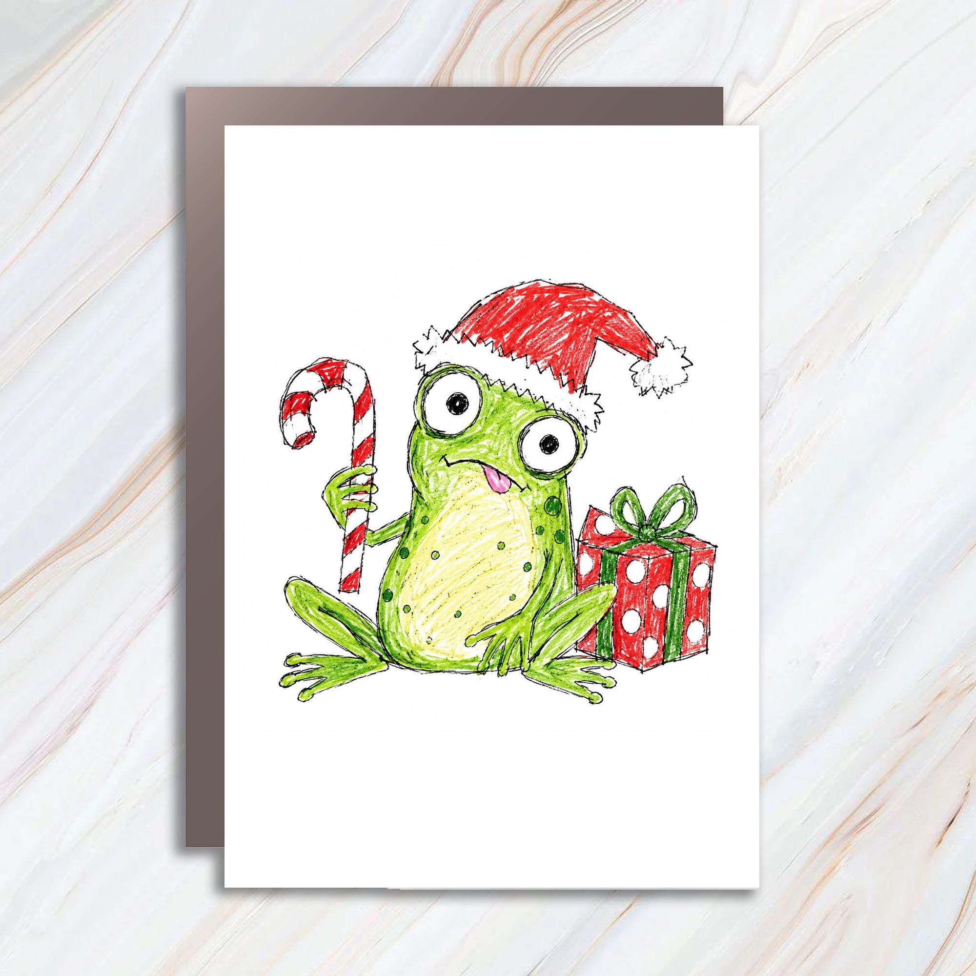 Funny Frog Christmas Card Cute Holiday Greeting Card With Santa Hat And Candy Cane For Kids Animal Lover Festive Card C1245