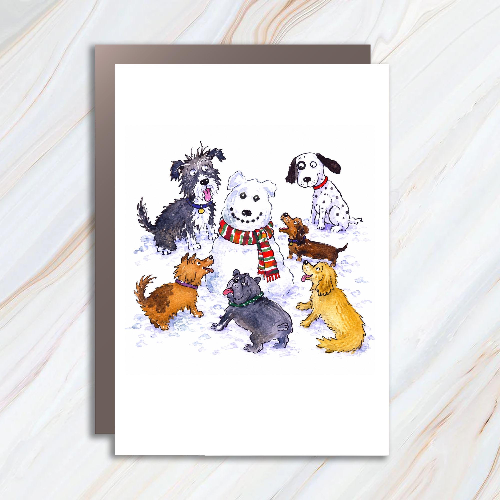 Dogs With Snowdog Christmas Card Cute Winter Scene Greeting Card For Dog Lover Holiday Card Animal Lover Festive Card C1256