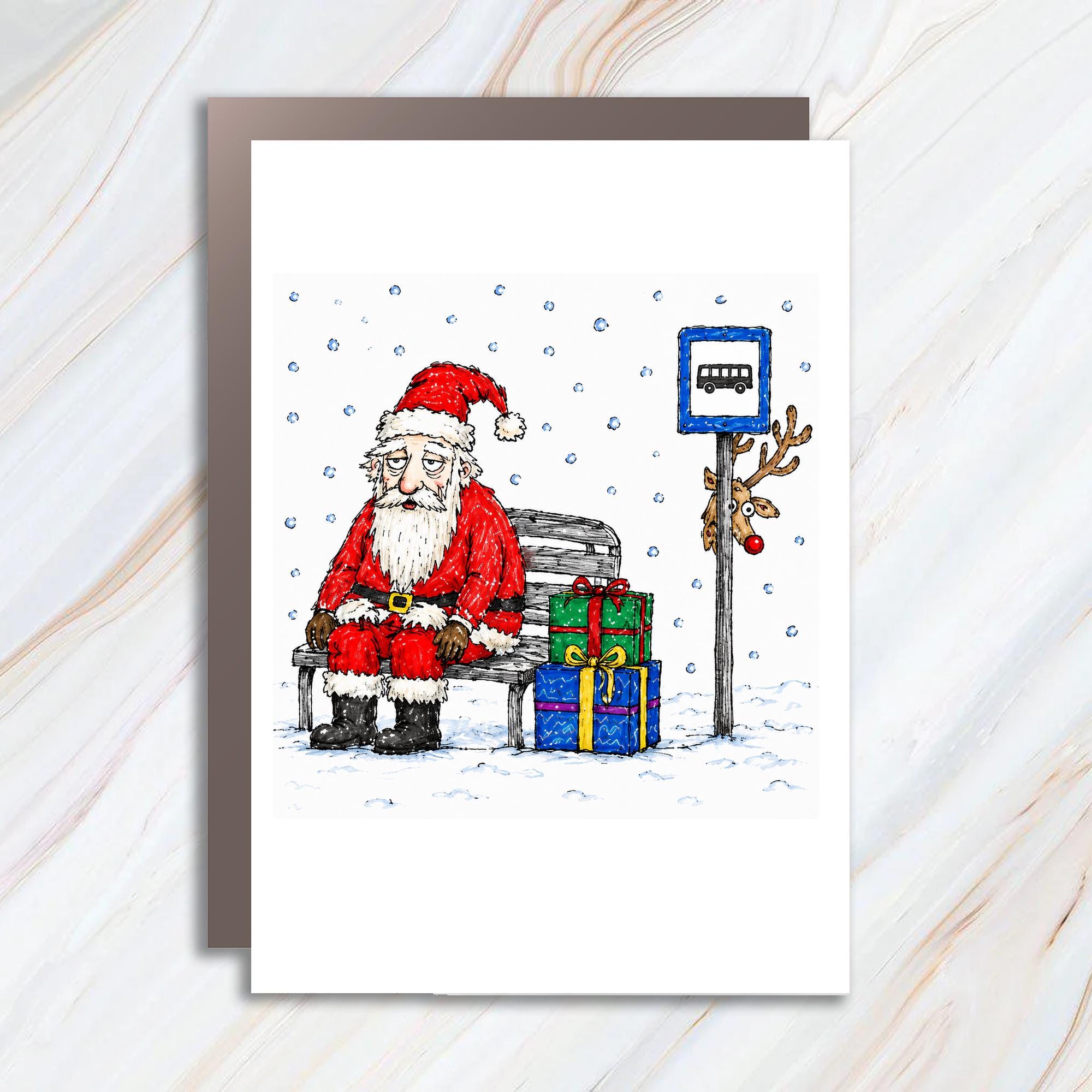 Santa Waiting At Bus Stop Christmas Card Funny Holiday Greeting Card For Him Cute Santa And Reindeer Card Winter Scene C1258
