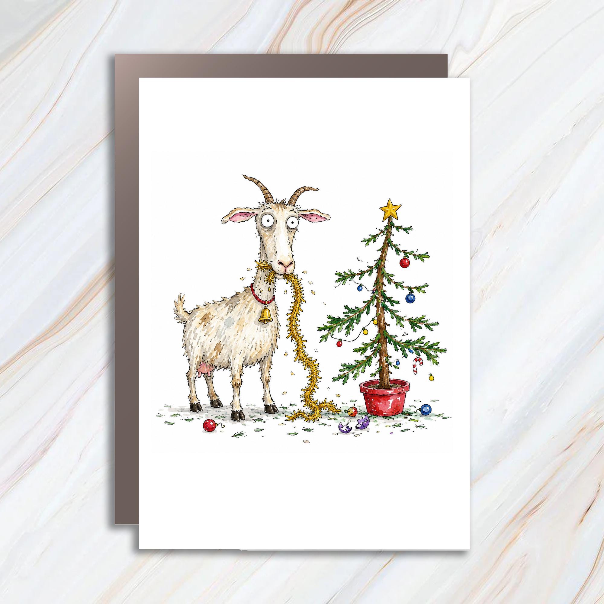 Funny Goat Christmas Card Cute Animal Holiday Greeting Card For Animal Lover Festive Card With Christmas Tree C1265
