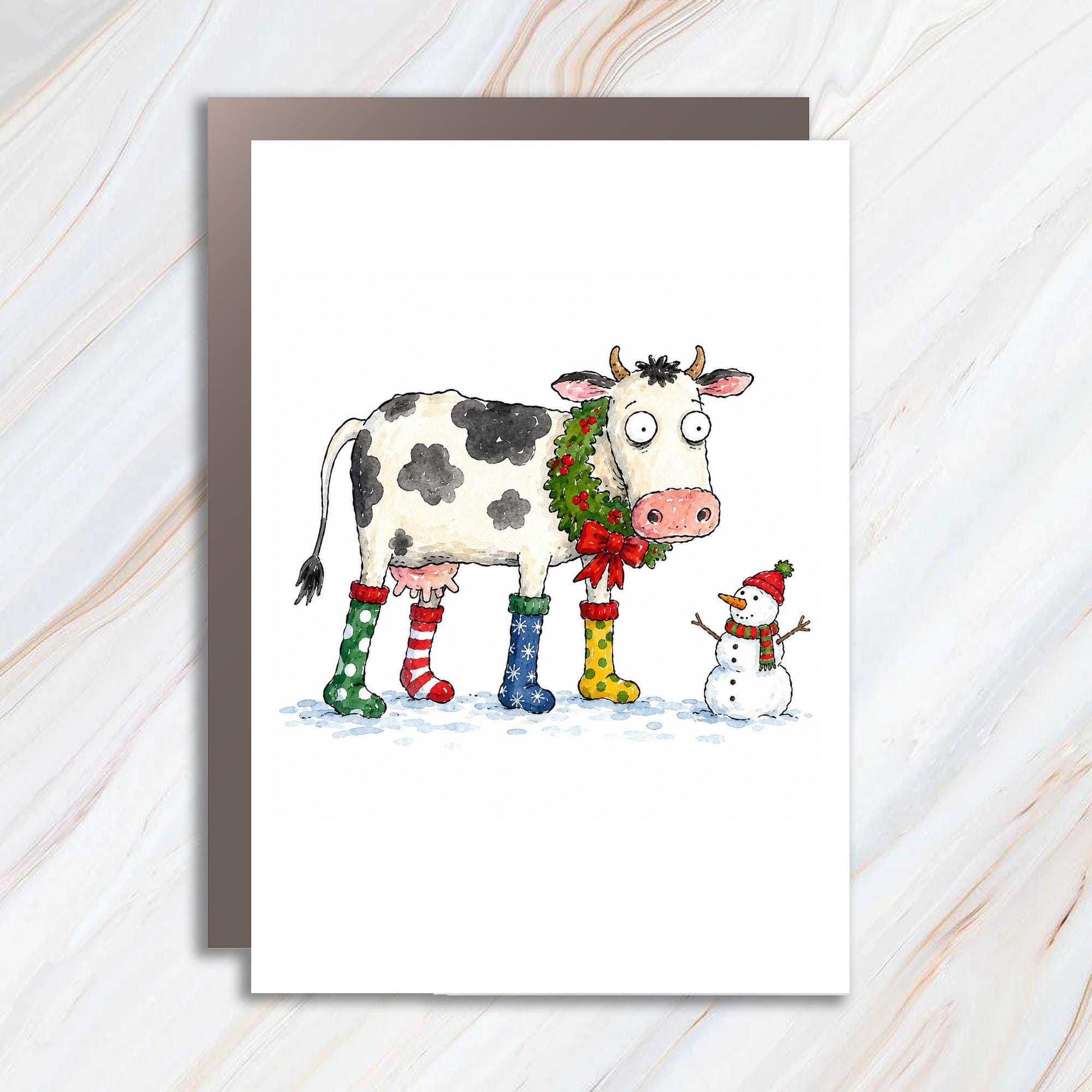Cow Christmas Card Cute Holiday Greeting Card Funny Animal Card For Kids Family Winter Snowman Illustration C1267