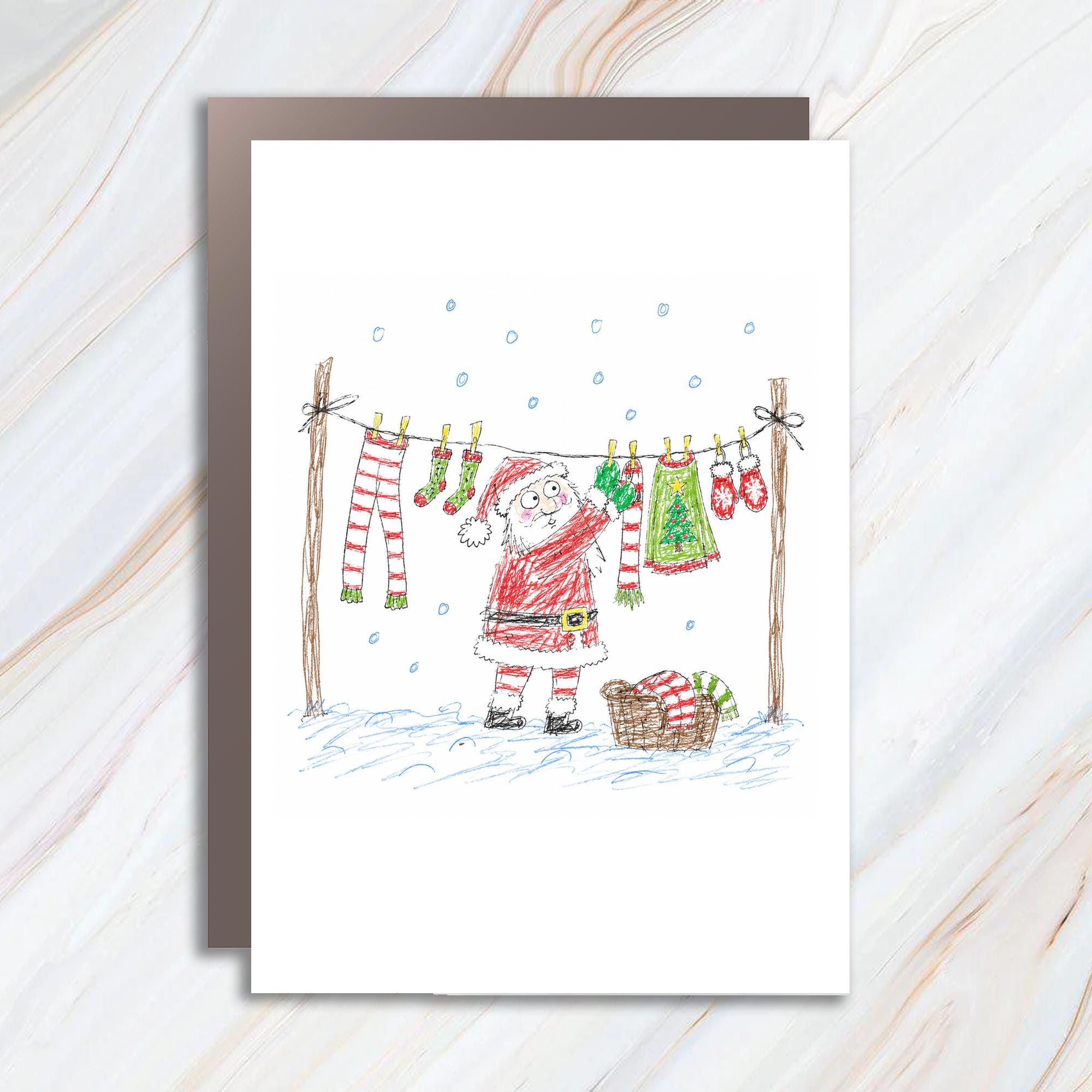 Santa Hanging Clothes Christmas Card Cute Holiday Greeting Card For Kids Family Festive Winter Illustration C1246
