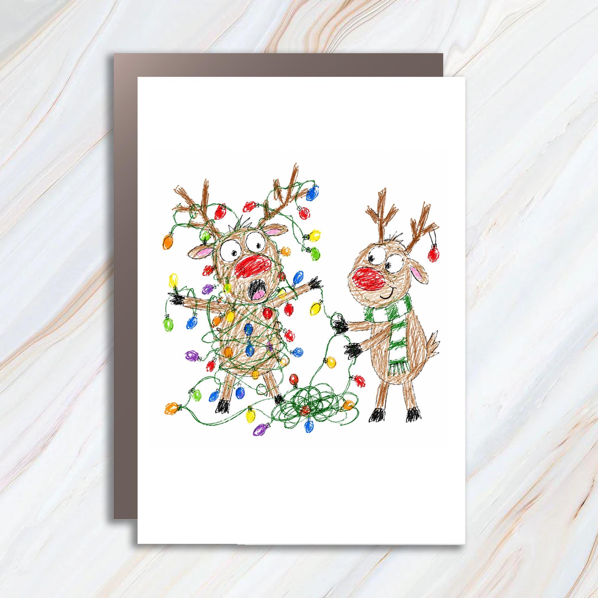 Reindeer Christmas Card Cute Holiday Greeting Card Funny Reindeer Tangled Lights For Kids Family Festive Animal Card C1247