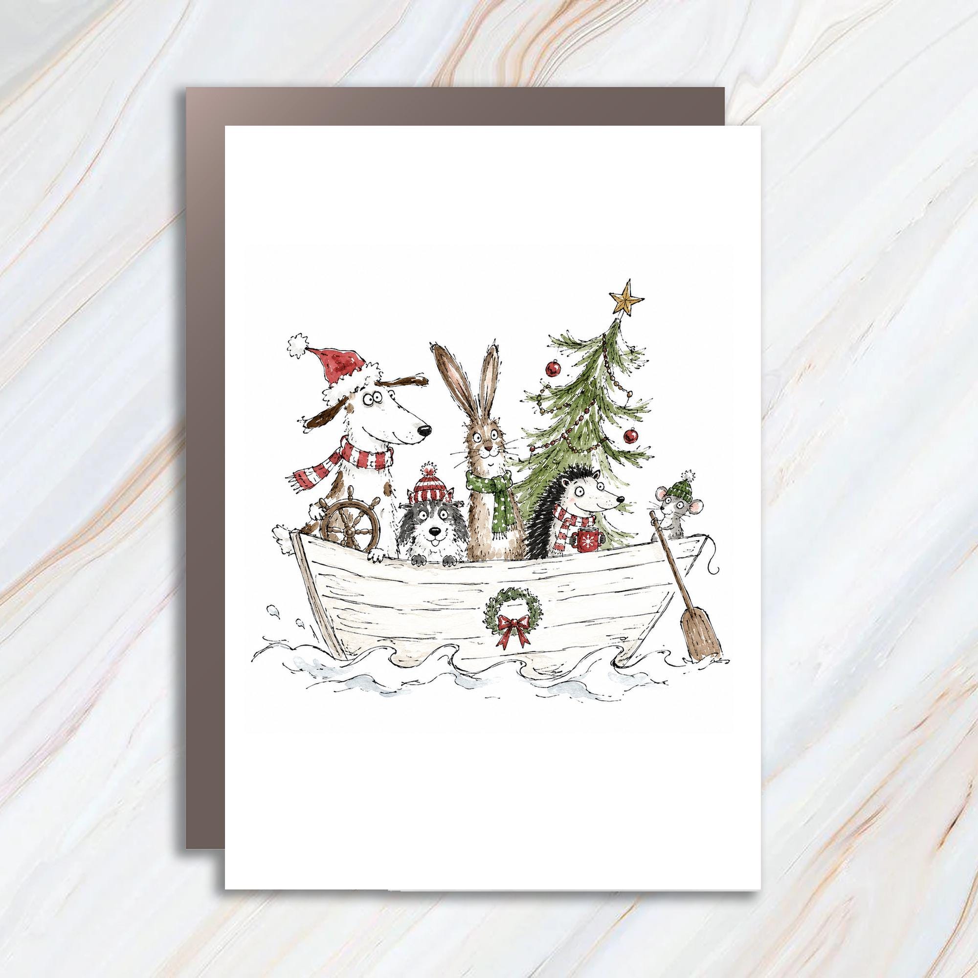 Christmas Animal Boat Card Cute Holiday Greeting Card For Kids Family Festive Illustration With Dog Rabbit Hedgehog C1270
