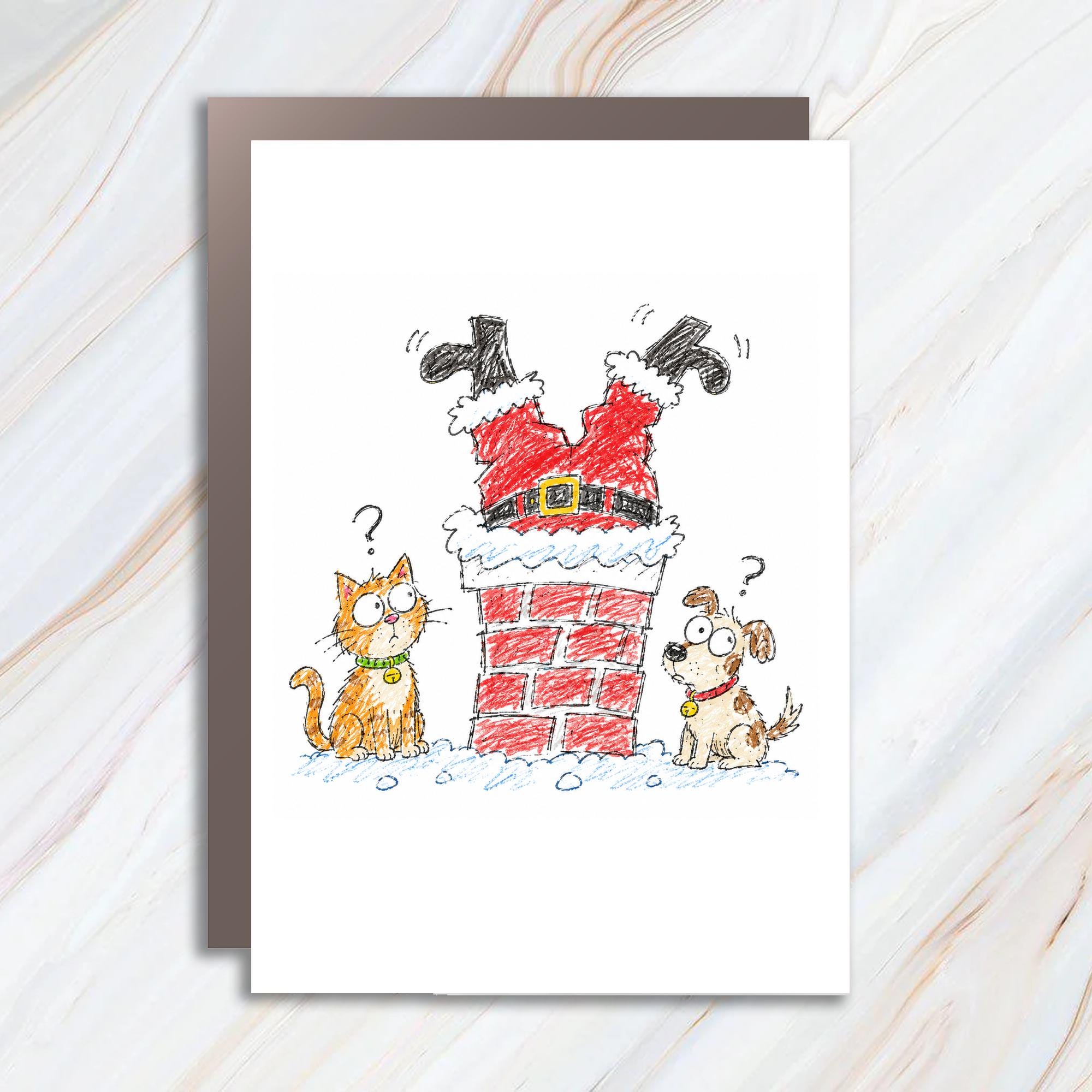 Santa Stuck In Chimney Christmas Card Cute Cat Dog Holiday Greeting Card Funny Animal Xmas Card For Pet Lovers C1251