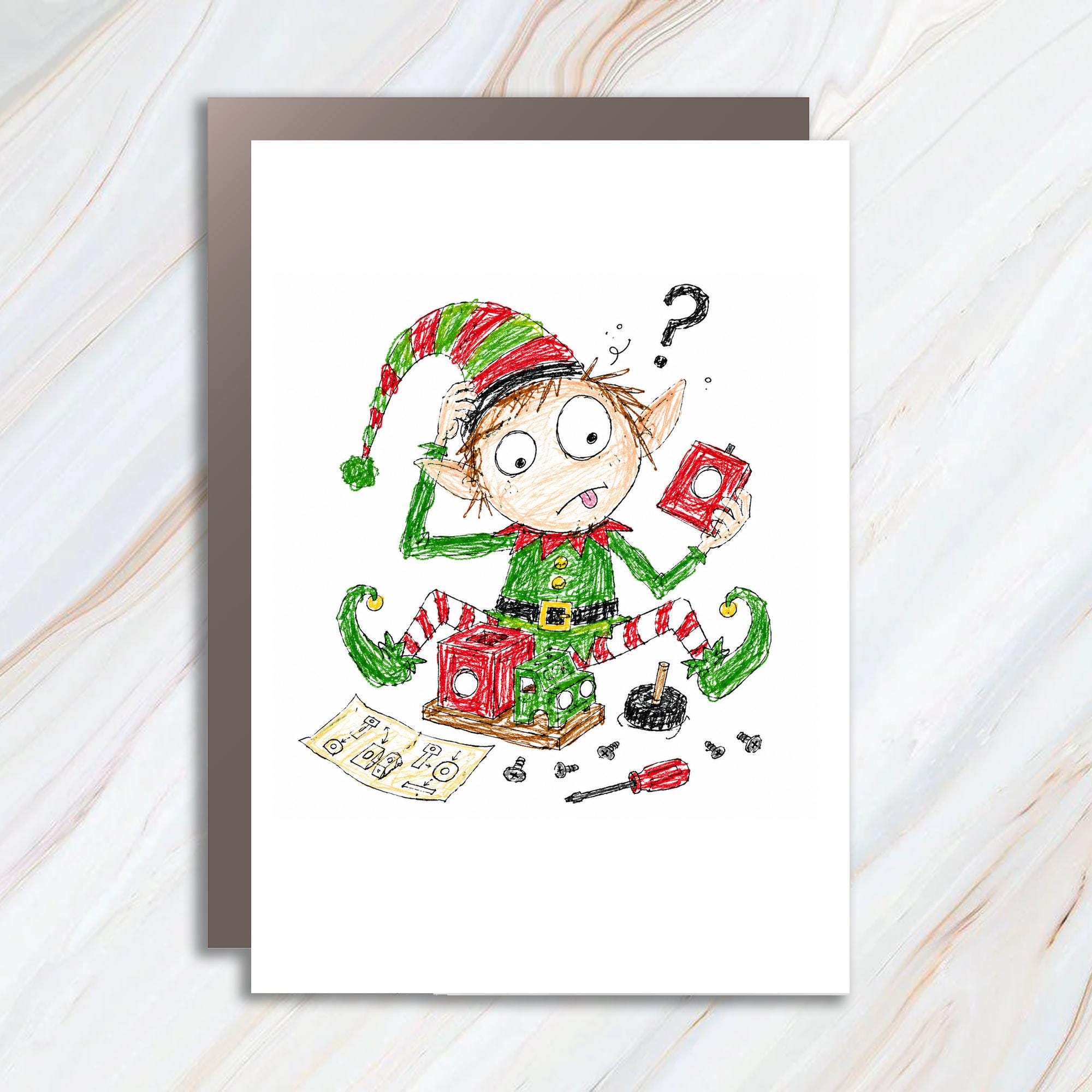 Confused Elf Christmas Card Cute Holiday Greeting Card Funny Elf Illustration For Kids Family Christmas Card C1254