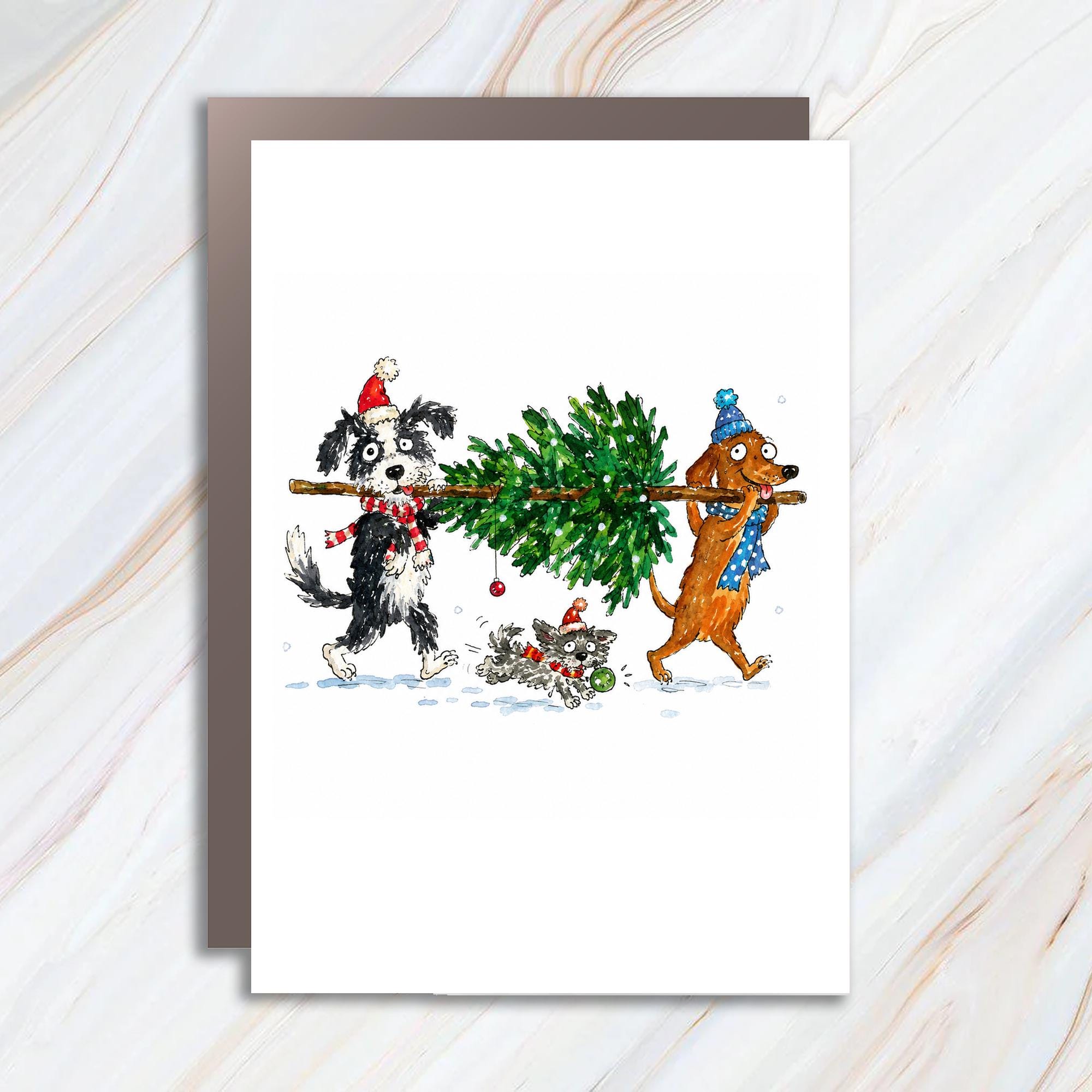 Dogs Carrying Christmas Tree Card Cute Holiday Greeting Card For Dog Lover Festive Winter Scene Adorable Animal Art C1255