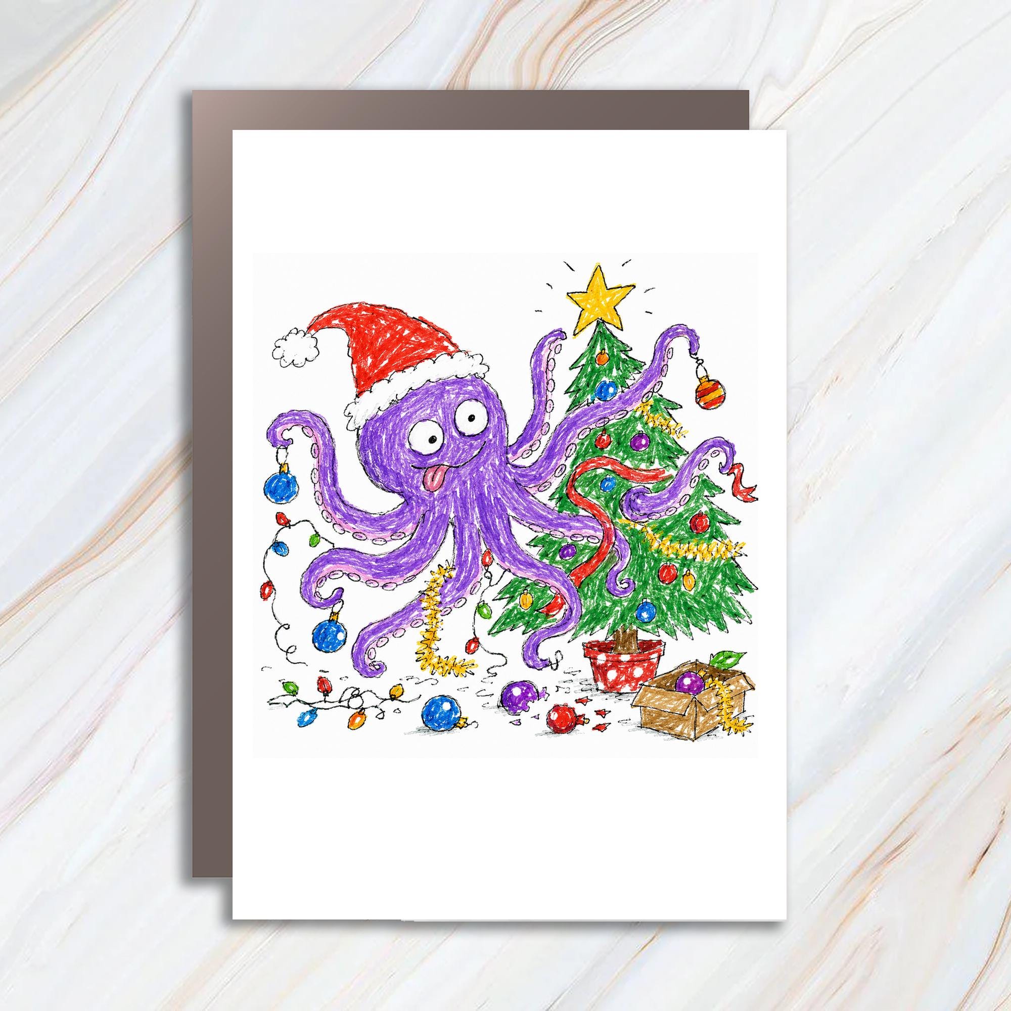Octopus Christmas Card Funny Holiday Greeting Card Cute Santa Hat Tree Lights For Kids Family Festive Celebration C1257