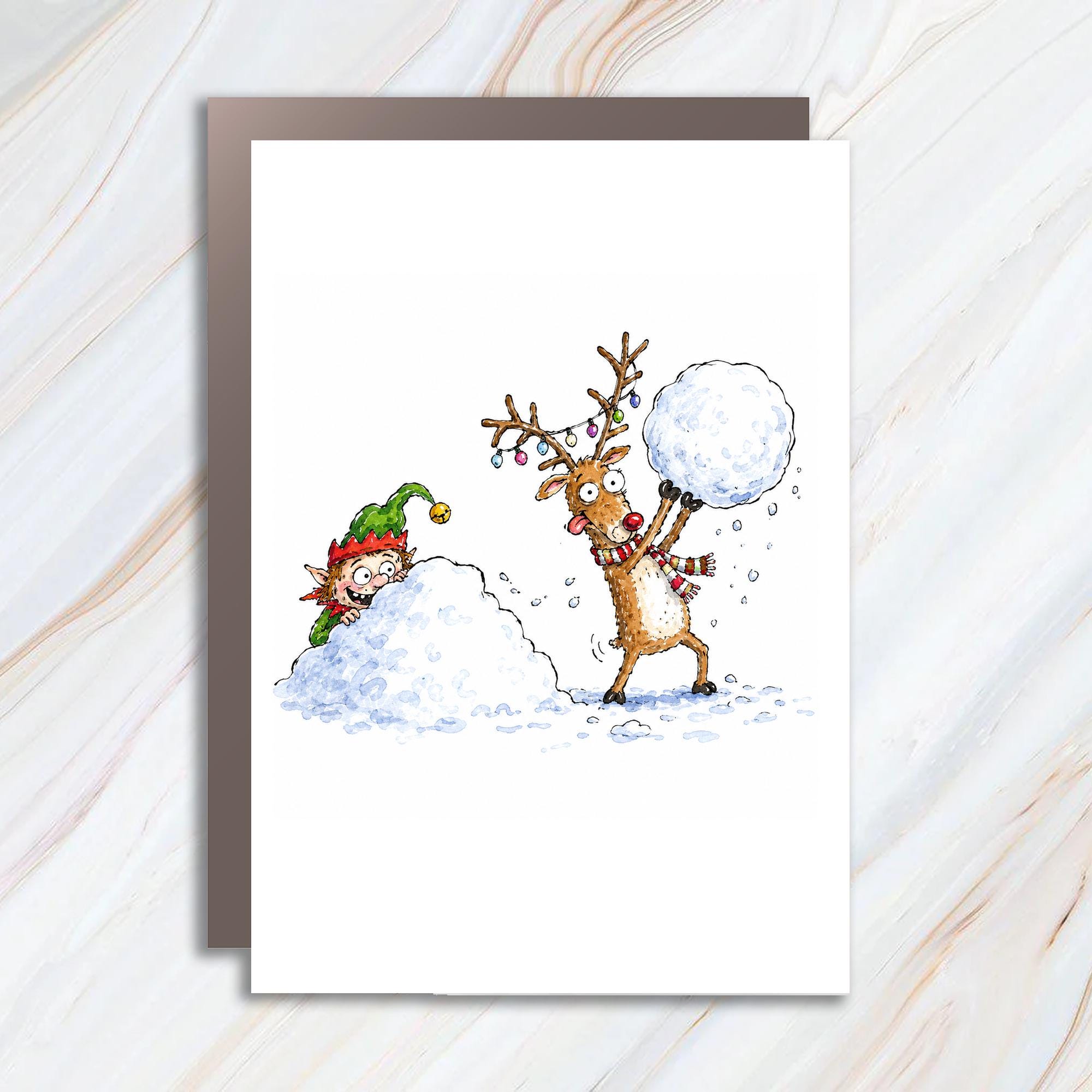 Elf And Reindeer Christmas Card Cute Holiday Greeting Card For Kids Fun Winter Scene With Snowballs Festive Illustration C1259