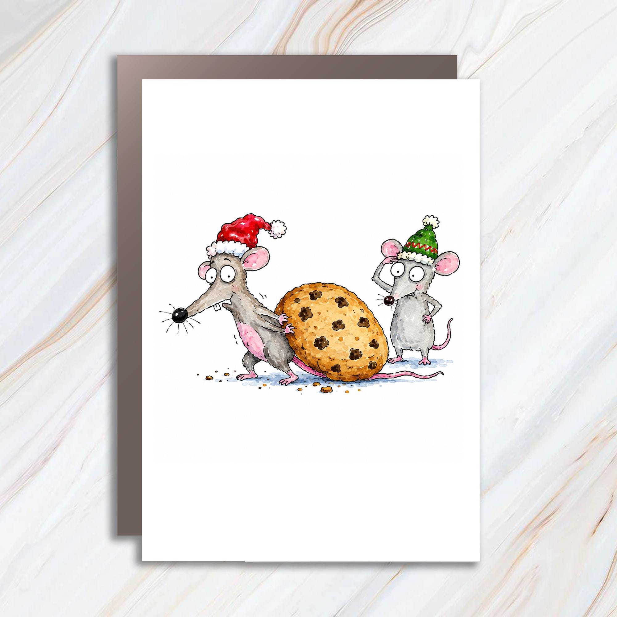 Christmas Card Cute Mice With Cookie Holiday Greeting Card Funny Animal Illustration Festive Santa Hats For Kids Family C1260