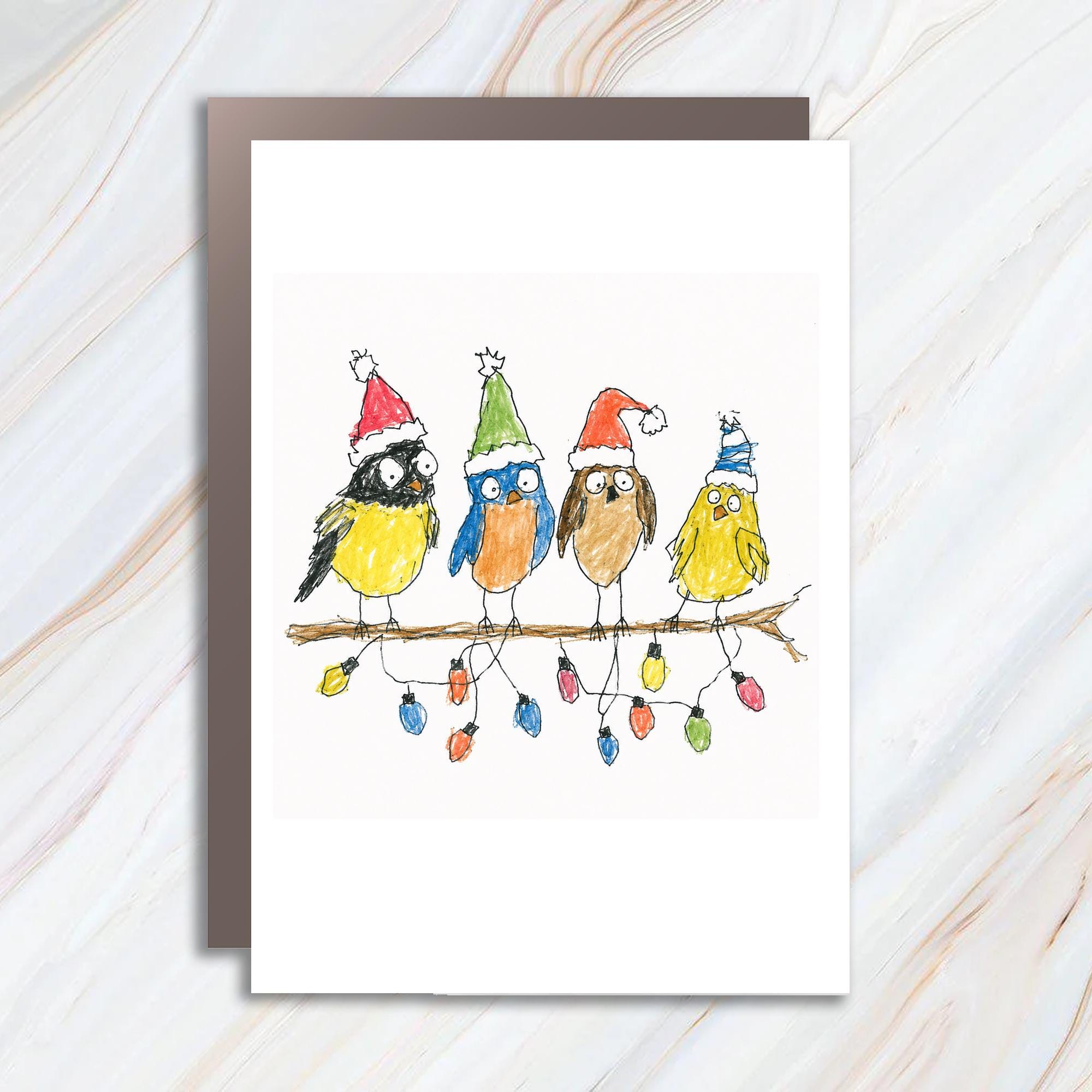 Cute Birds Christmas Card Festive Holiday Greeting Card With Santa Hats And Lights For Bird Lover Funny Animal Card C1262