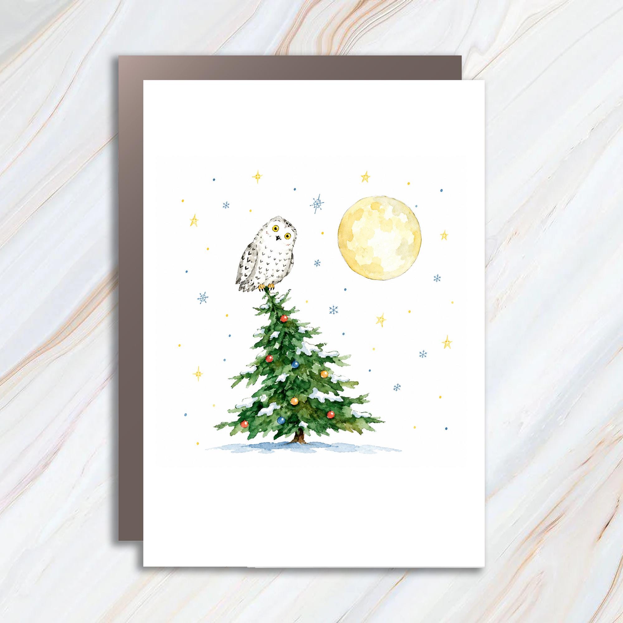 Owl On Christmas Tree Card Watercolor Holiday Greeting Card Winter Scene For Nature Lover Cute Animal Christmas Card C1263