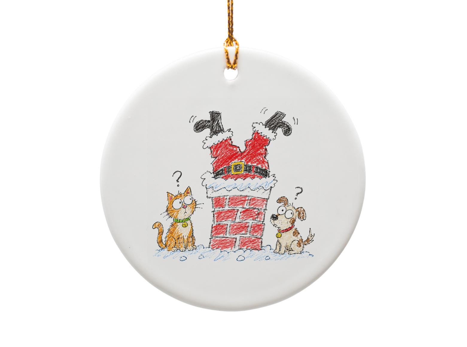 Santa Stuck In Chimney Ornament Funny Christmas Ornament Cat Dog Holiday Decor Cute Animal Lovers Gift O1251