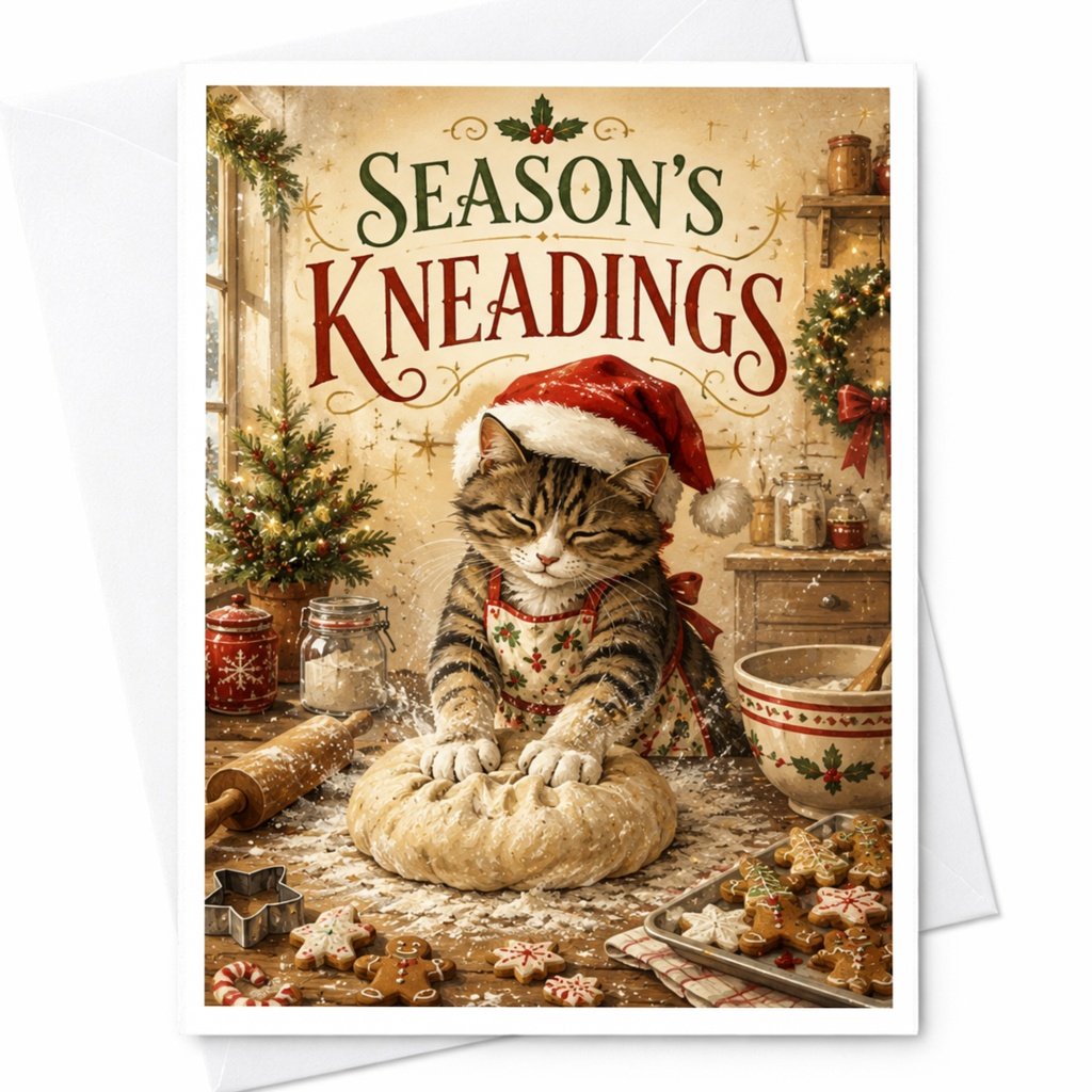 Season's Kneadings Funny Christmas Card Cat Lover Holiday Greeting Card Cute Animal Baking Theme Festive Cat Card C5717