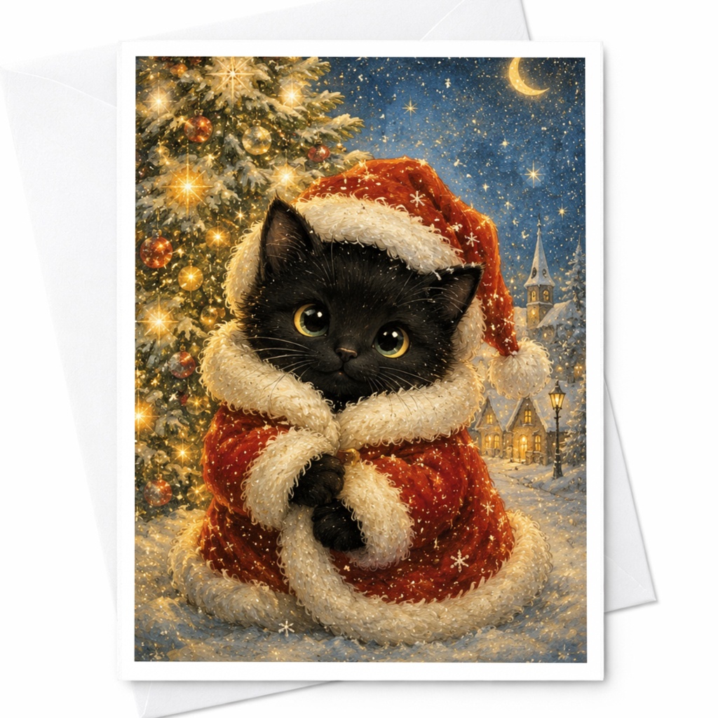 Cute Black Cat Christmas Card Santa Outfit Holiday Greeting Card For Cat Lover Festive Animal Card Winter Scene C5720