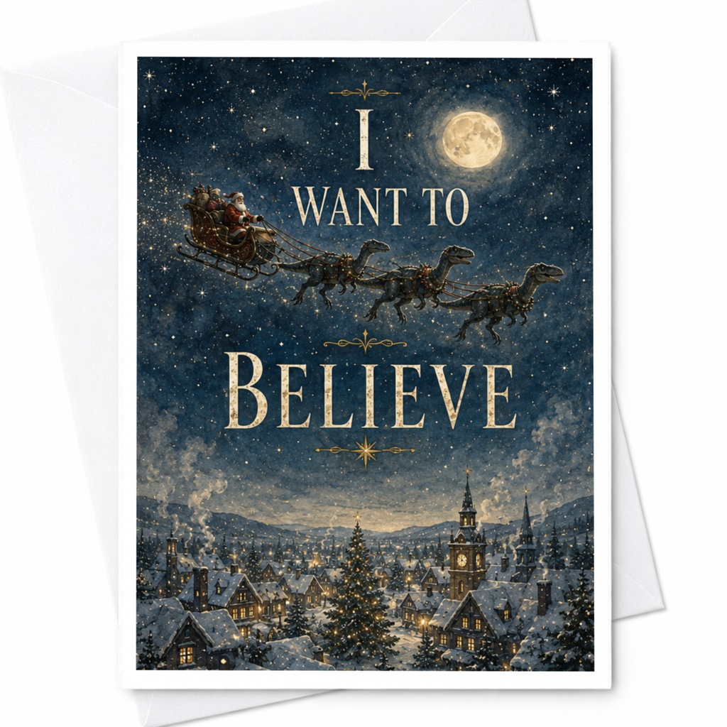 I Want To Believe Funny Christmas Card Santa Sleigh Dinosaur Holiday Greeting Card For Him Her Unique Festive Card C5722
