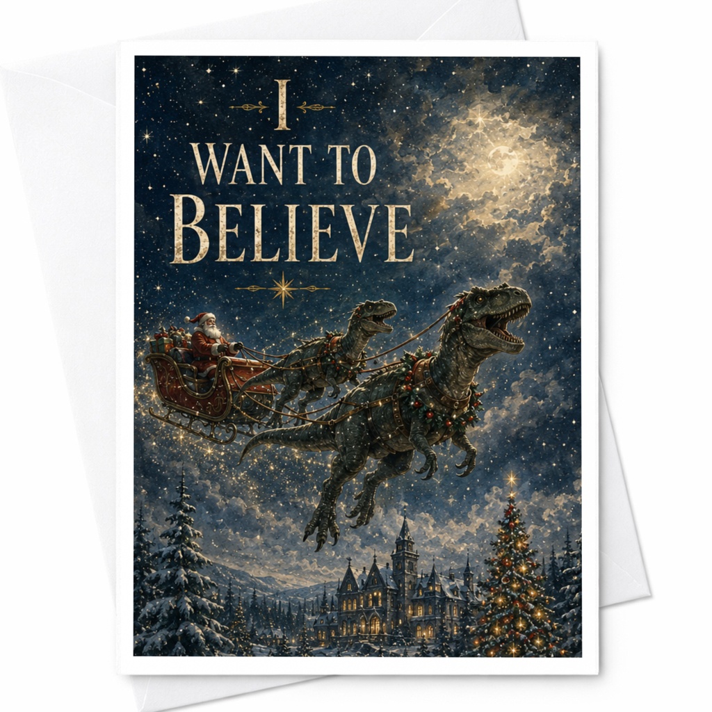 I Want To Believe Funny Christmas Card Santa Dinosaur Sleigh Holiday Greeting Card For Him Her Unique Festive Card C5723