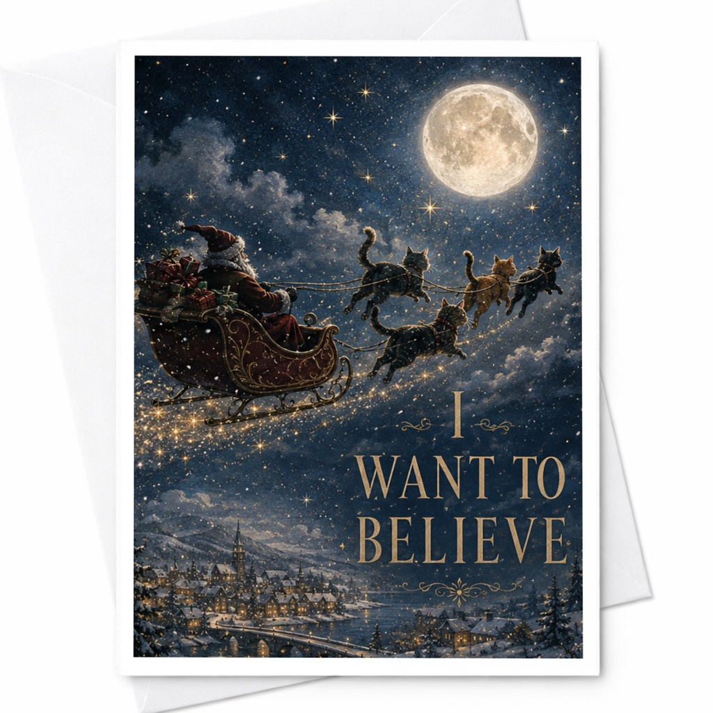 I Want To Believe Christmas Card Santa Sleigh Cats Holiday Greeting Card Funny Festive Card For Cat Lovers Winter Wonderland C5725