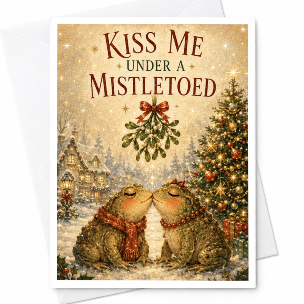 Kiss Me Under A Mistletoe Funny Christmas Card Frogs Under Mistletoe Holiday Greeting Card Cute Animal Xmas Card C5728