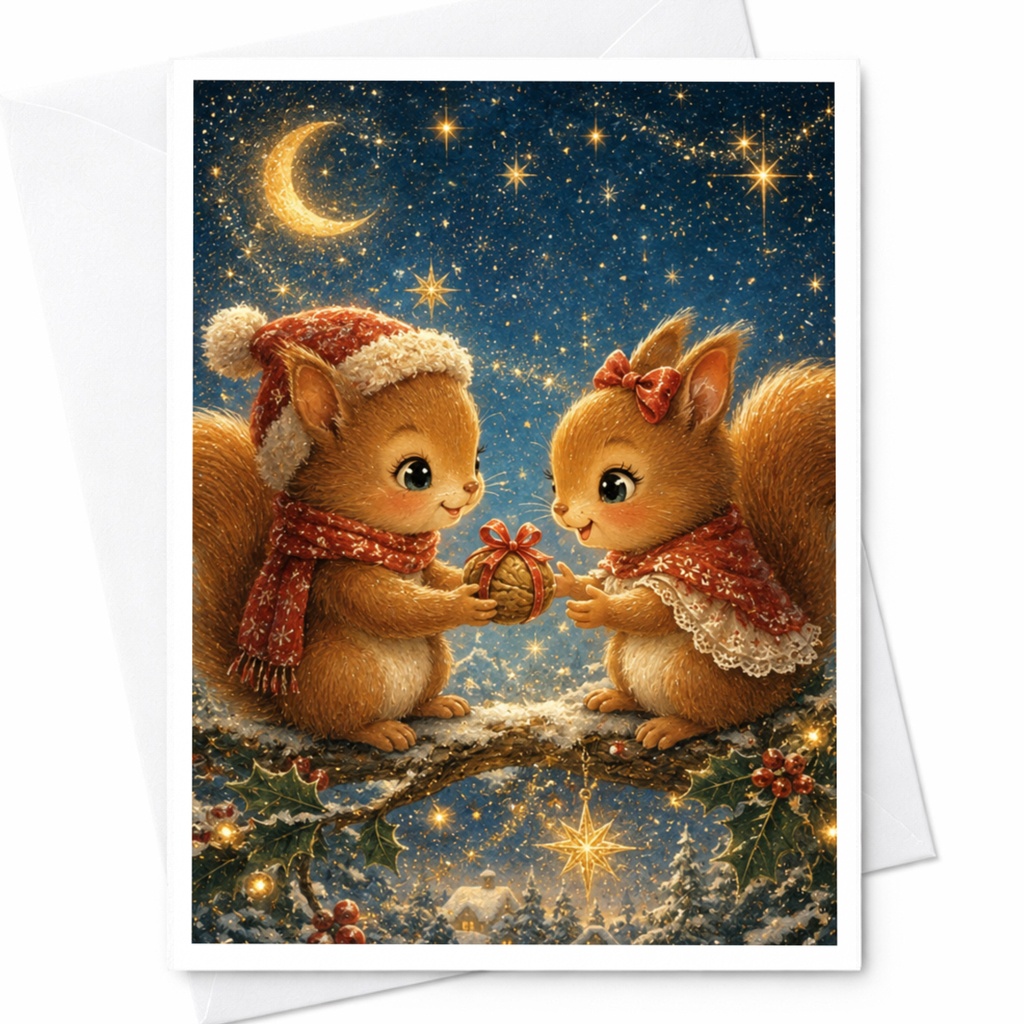 Cute Squirrel Christmas Card Adorable Animal Holiday Greeting Card For Kids Family Festive Winter Scene Starry Night C5731