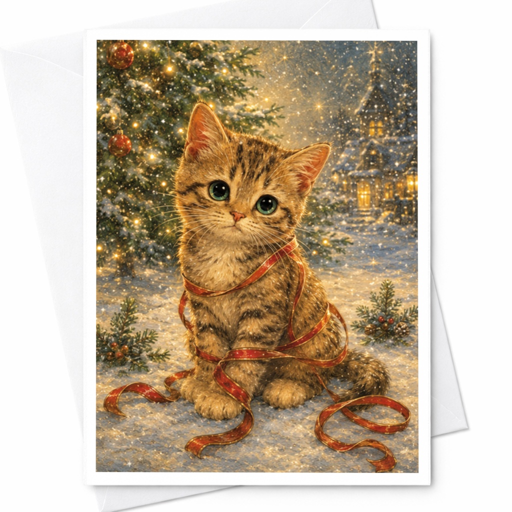 Cute Kitten Christmas Card Adorable Cat With Ribbon Holiday Greeting Card For Cat Lover Winter Scene Festive Animal Card C5735