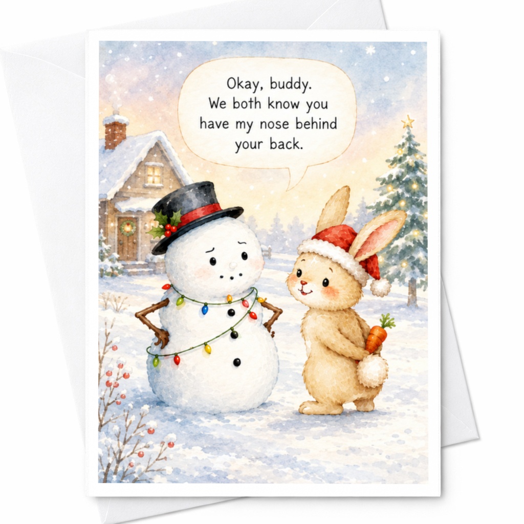Okay, Buddy We Both Know You Have My Nose Behind Your Back Funny Christmas Card Cute Snowman Bunny Holiday Card For Friend C5750