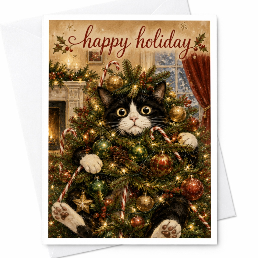 Happy Holiday Christmas Card Cute Cat In Tree Festive Greeting Card For Cat Lovers Funny Holiday Card With Cat And Ornaments C5754