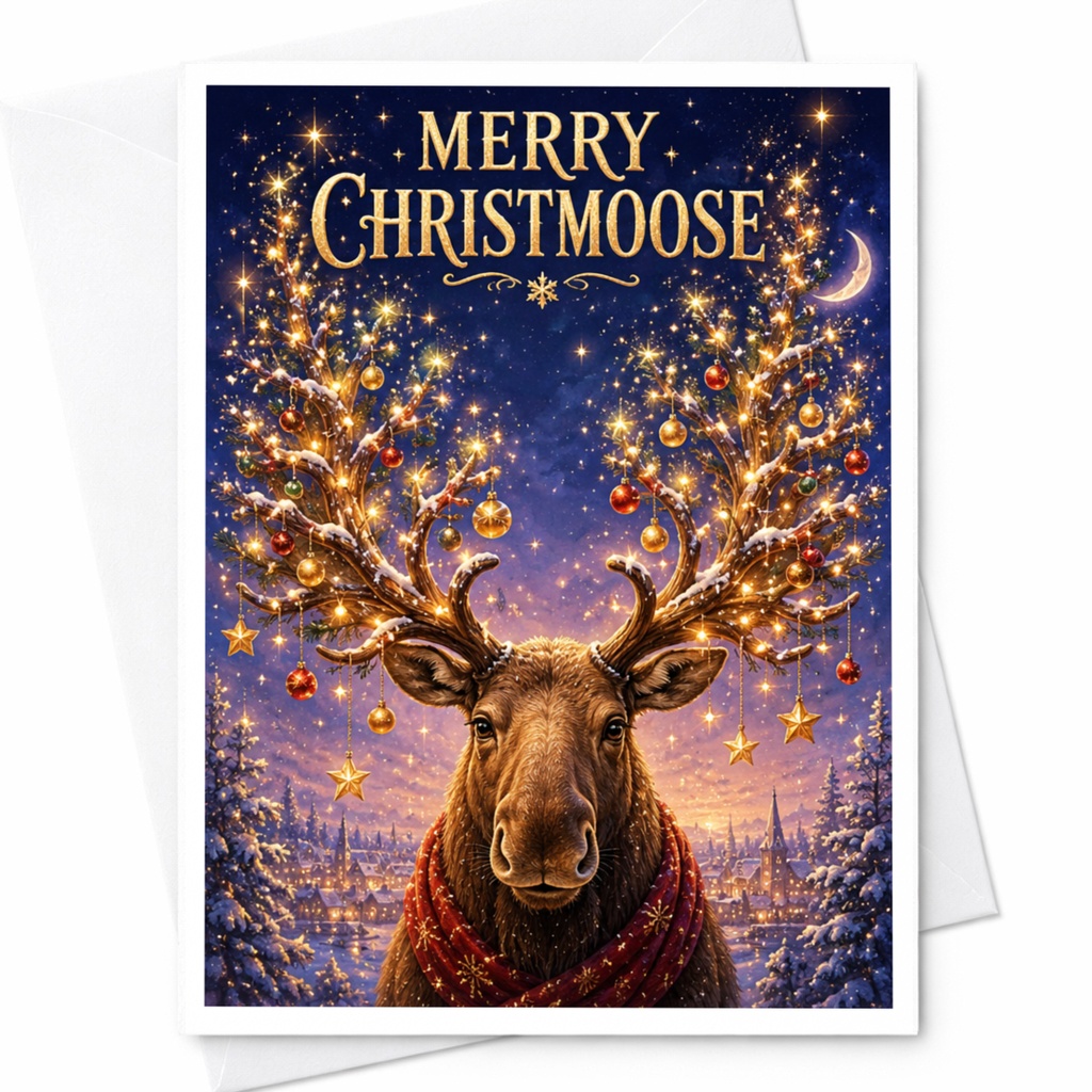 Merry Christmoose Funny Christmas Card Moose With Decorated Antlers Holiday Greeting Card For Animal Lovers Cute Xmas Card C5778