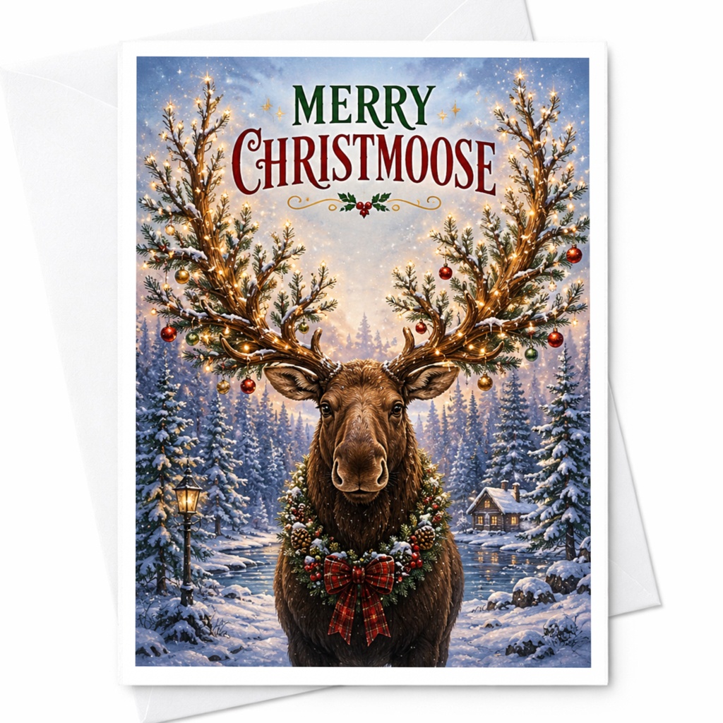 Merry Christmoose Funny Christmas Card Moose With Decorated Antlers Holiday Greeting Card For Animal Lover Cute Winter Scene C5779