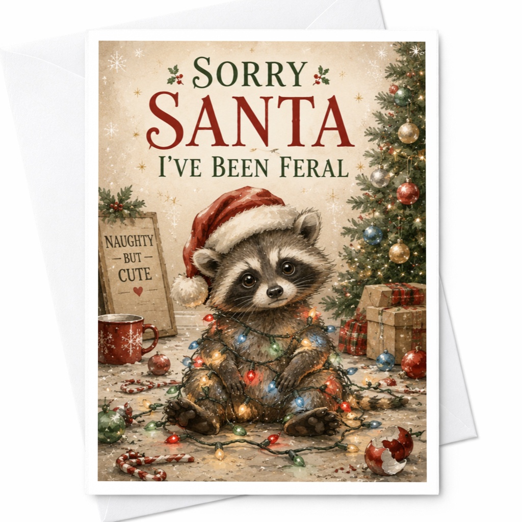 Sorry Santa I've Been Feral Funny Christmas Card Cute Raccoon Holiday Greeting Card Naughty But Cute Animal Xmas Card C5782