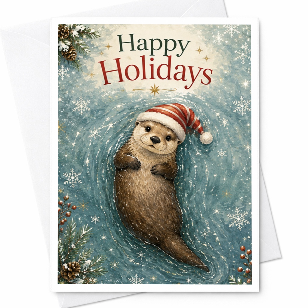 Happy Holidays Christmas Card Cute Otter In Santa Hat Festive Holiday Greeting Card For Animal Lover Winter Card C5785