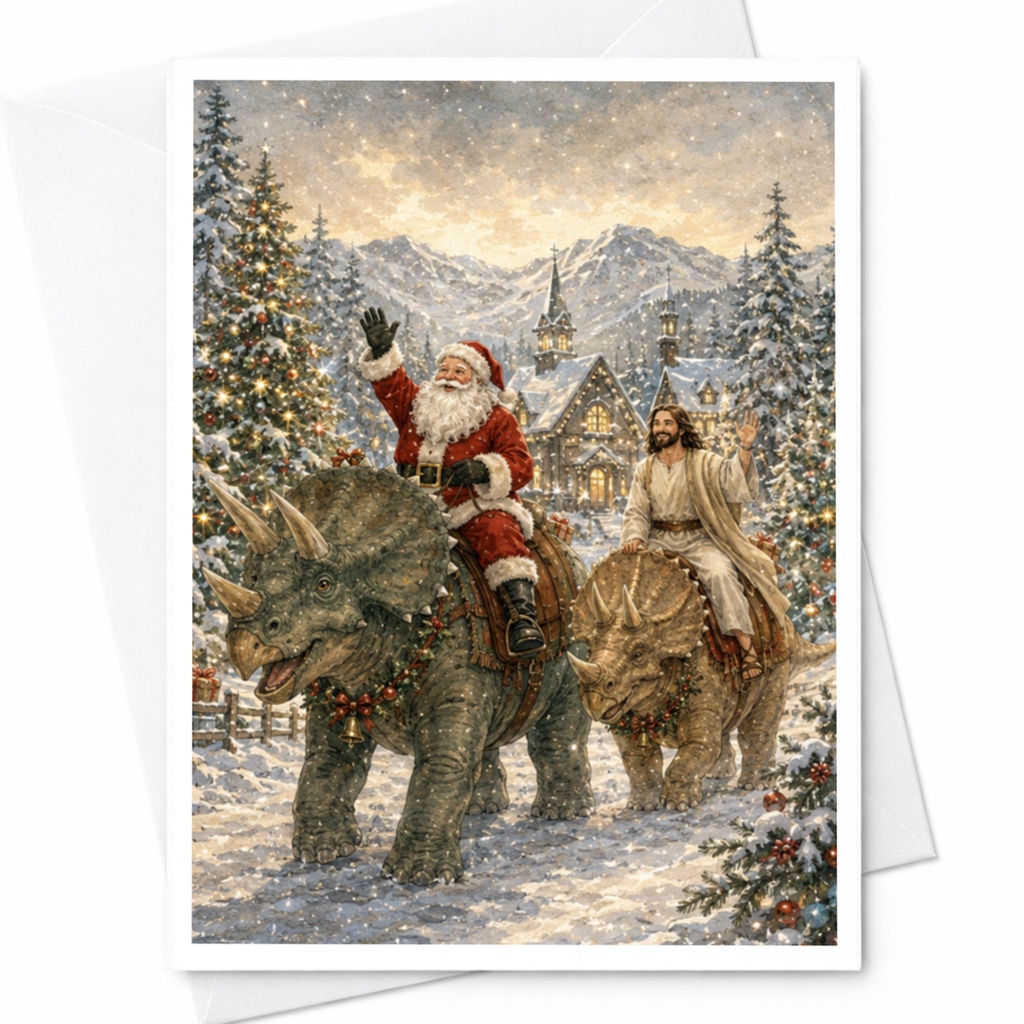 Santa And Jesus Dinosaur Ride Christmas Card Funny Holiday Greeting Card Unique Festive Card For Him Her Family C5788