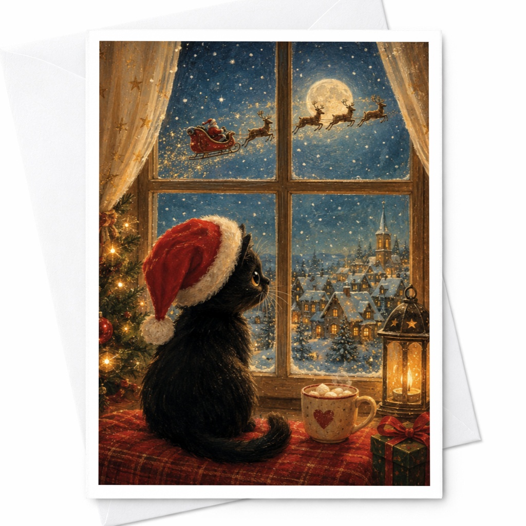 Cat In Santa Hat Christmas Card Cute Holiday Greeting Card For Cat Lover Cozy Winter Scene With Santa Sleigh C5797