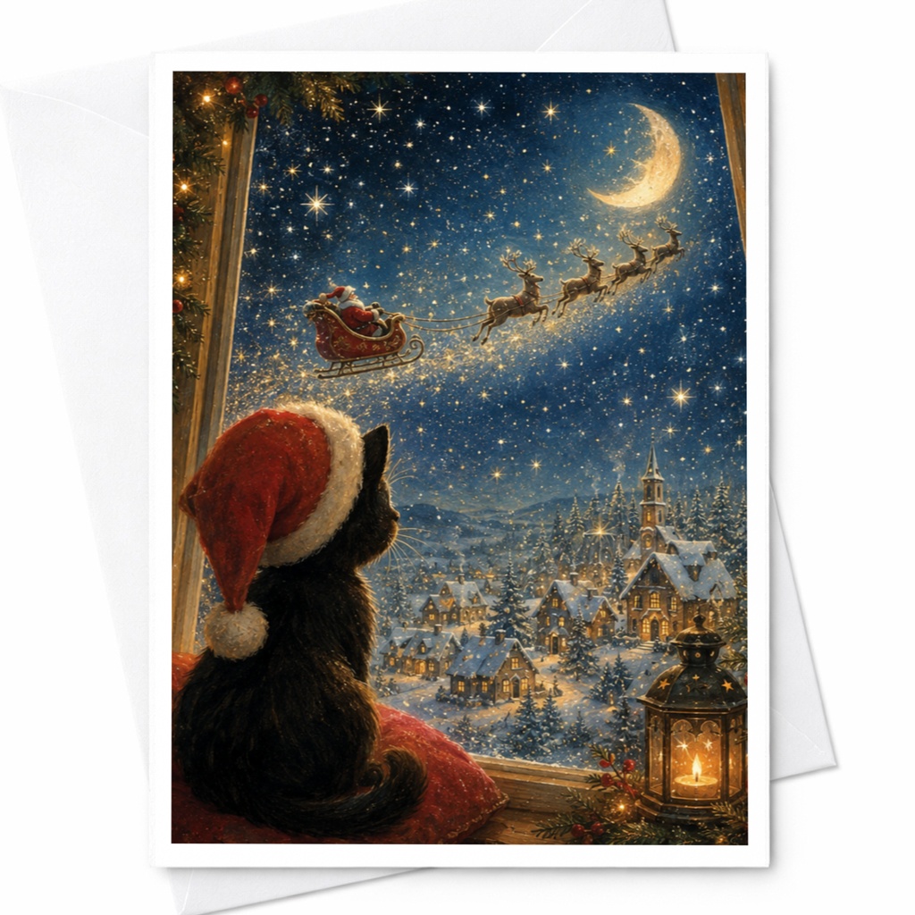 Cat Watching Santa Christmas Card Cute Holiday Greeting Card For Cat Lover Festive Winter Scene Santa Sleigh Night Sky C5798