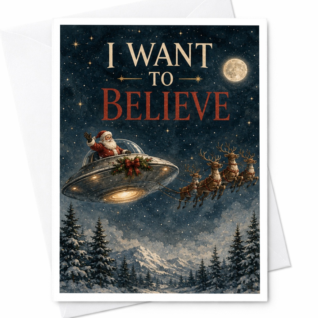 I Want To Believe Funny Christmas Card Santa Ufo Reindeer Holiday Card Alien Theme Xmas Card For Him Her Unique Festive Card C5799