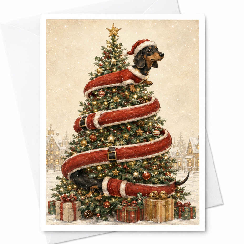 Dachshund Wrapped Christmas Tree Funny Christmas Card For Dog Lover Cute Holiday Greeting Card For Boyfriend C5714