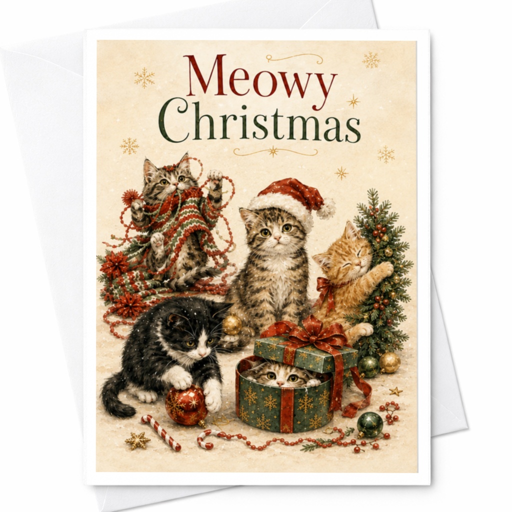Meowy Christmas Cute Cat Holiday Card Festive Kittens Christmas Card For Cat Lover Adorable Feline Xmas Greeting Card C5801