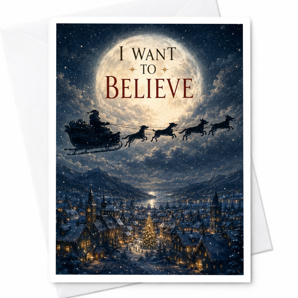 I Want To Believe Christmas Card Santa Sleigh Over Moonlit Town Holiday Greeting For Friends Family Festive Winter Scene C5715