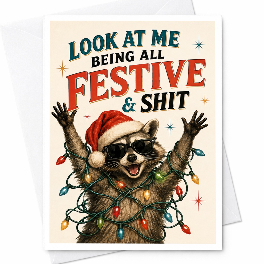 Look At Me Being All Festive & Shit Funny Christmas Card Raccoon Holiday Greeting Card For Friends Family C5803