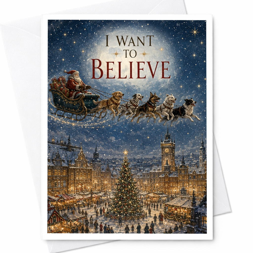 I Want To Believe Funny Christmas Card Santa Sleigh Dogs Holiday Greeting Card For Friends Family Cute Festive Card C5716