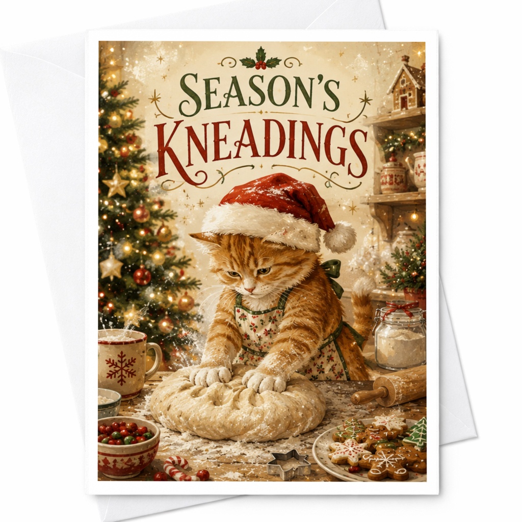 Season's Kneadings Funny Christmas Card Cute Cat Holiday Card For Cat Lover Festive Greeting Card Animal Lover Xmas Card C5718