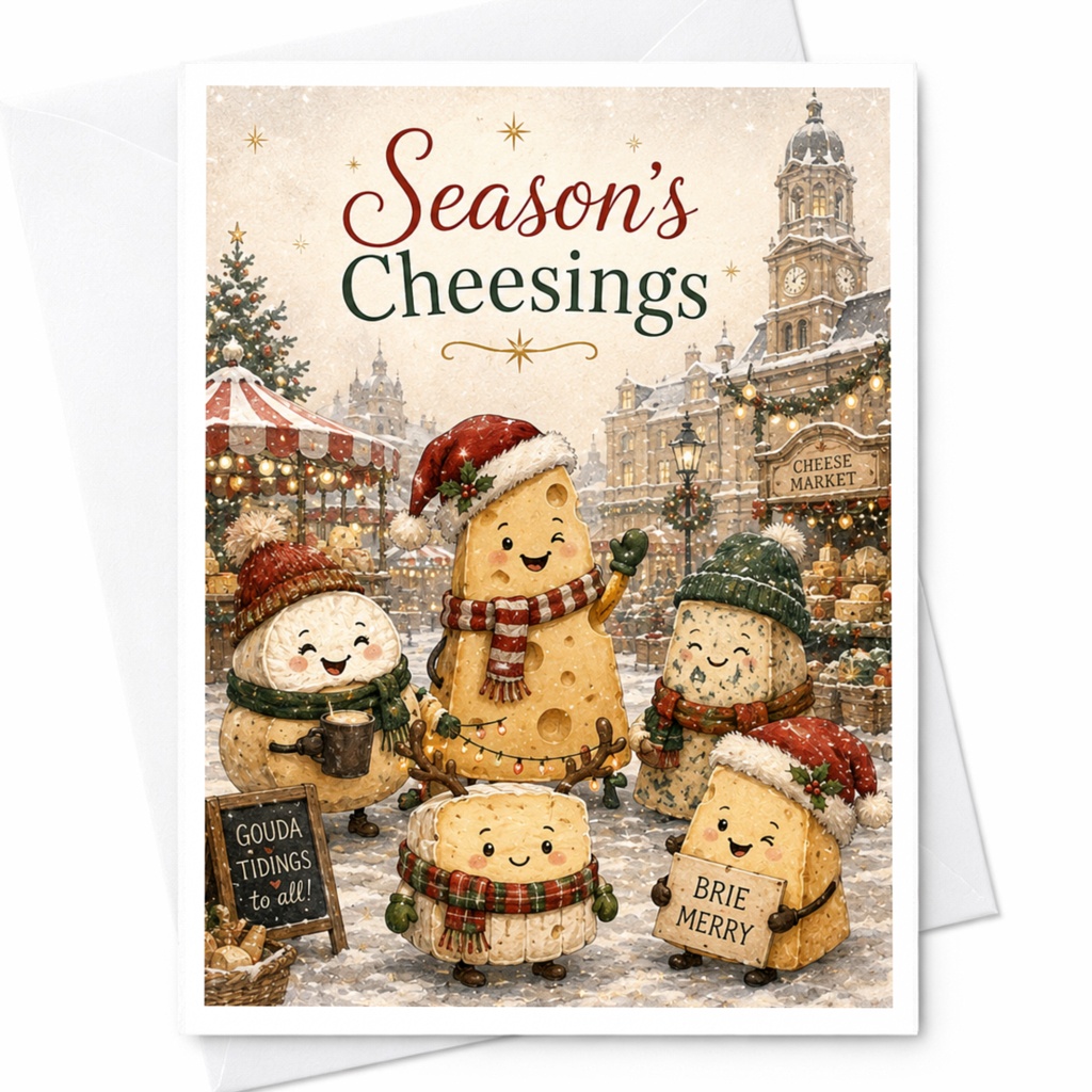 Season's Cheesings Funny Christmas Card Cheese Lovers Holiday Greeting Card Cute Festive Cheese Characters Xmas Card C5810