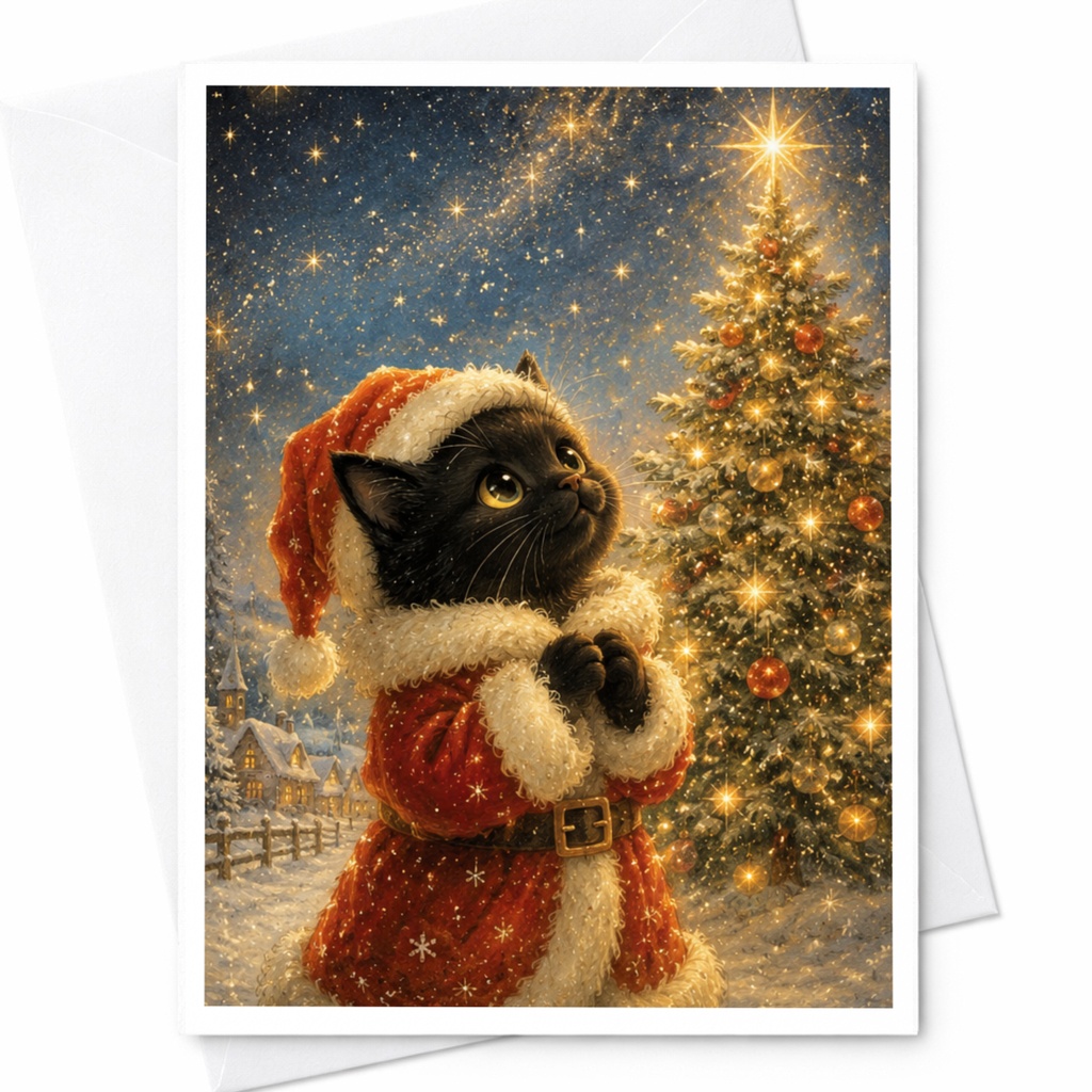 Cute Cat Christmas Card Santa Outfit Festive Holiday Greeting Card For Cat Lover Adorable Animal Card Winter Scene C5721