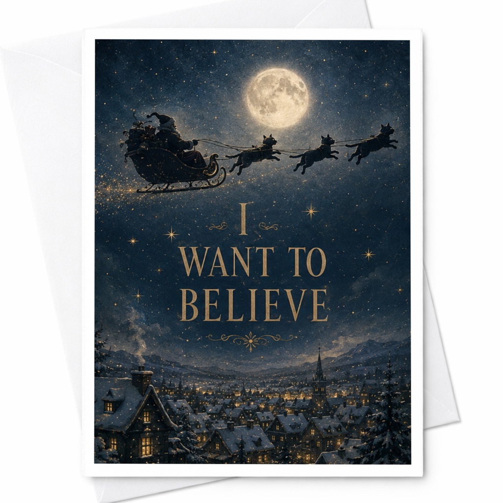 I Want To Believe Christmas Card Santa Flying Over Village Holiday Greeting Card Festive Winter Scene Xmas Card C5724