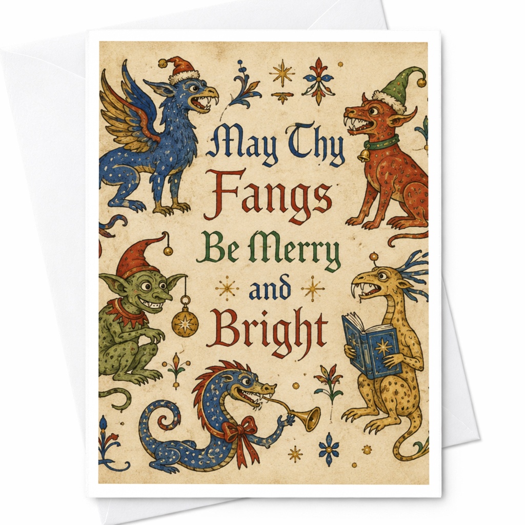 May Thy Fangs Be Merry And Bright Christmas Card Funny Holiday Greeting Card Mythical Creatures Xmas For Friends C5816