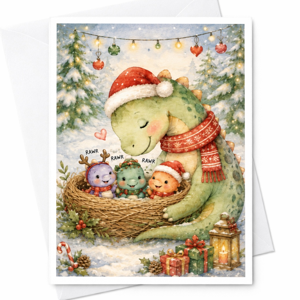 Rawr Rawr Rawr Cute Dinosaur Family Christmas Card Adorable Holiday Greeting Card For Kids Festive Dino Card With Santa Hats C5820