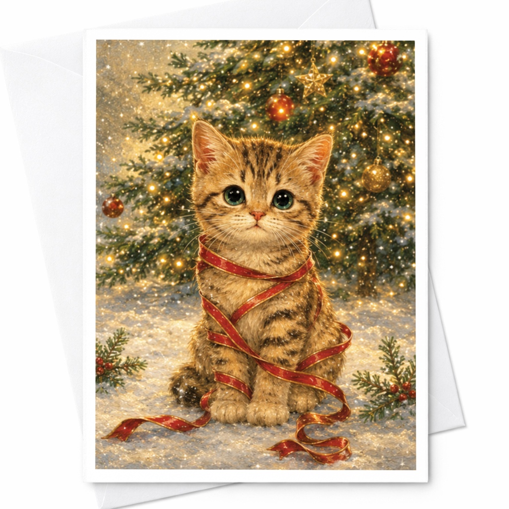 Cute Kitten Christmas Card Adorable Cat Holiday Greeting Card For Cat Lovers Festive Animal Card With Christmas Tree C5734