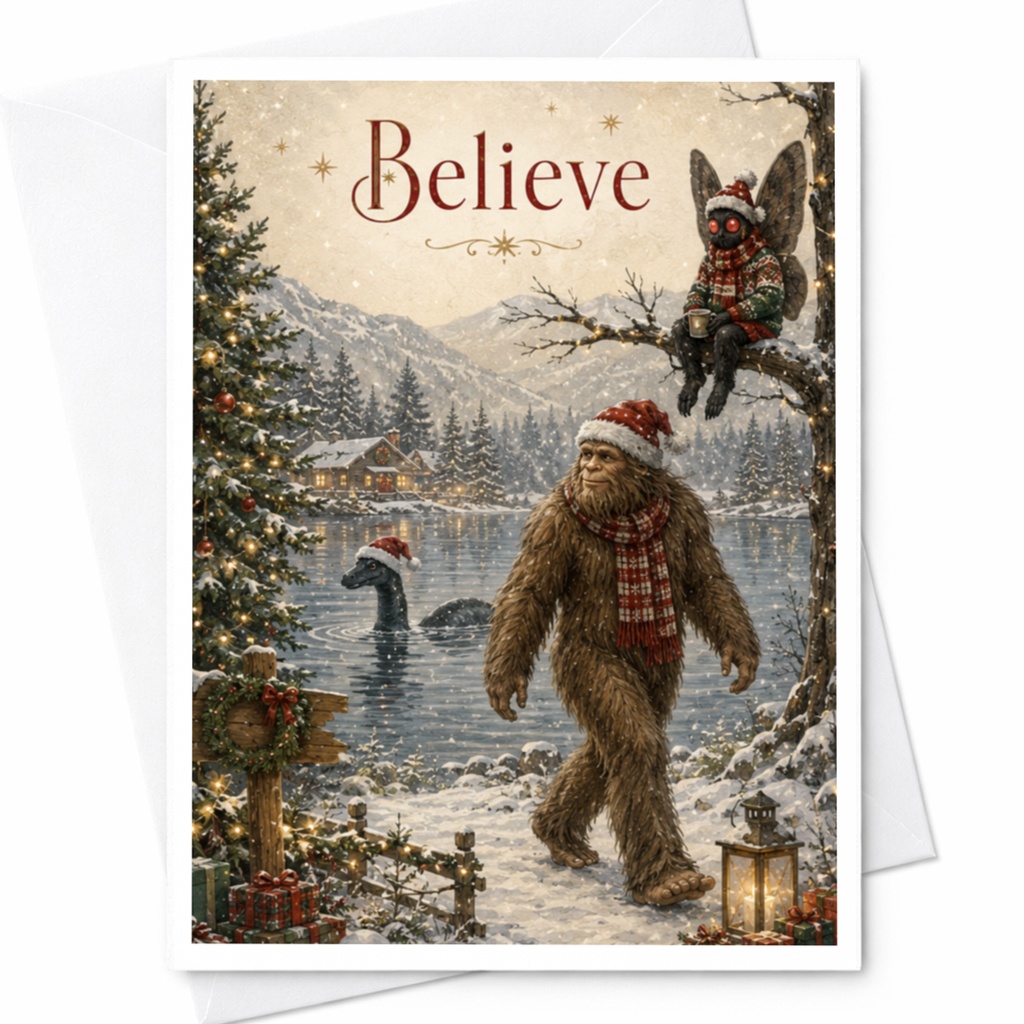 Believe Christmas Card Bigfoot Mothman Winter Scene Holiday Greeting Card Festive Mythical Creatures Xmas Card C5826