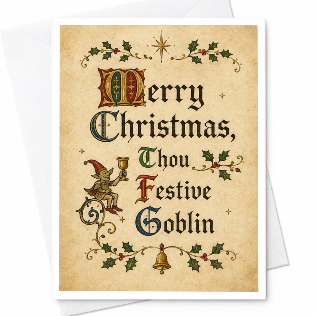Merry Christmas, Thou Festive Goblin Funny Christmas Card Sarcastic Holiday Greeting Vintage Style Xmas Card For Friends C5738