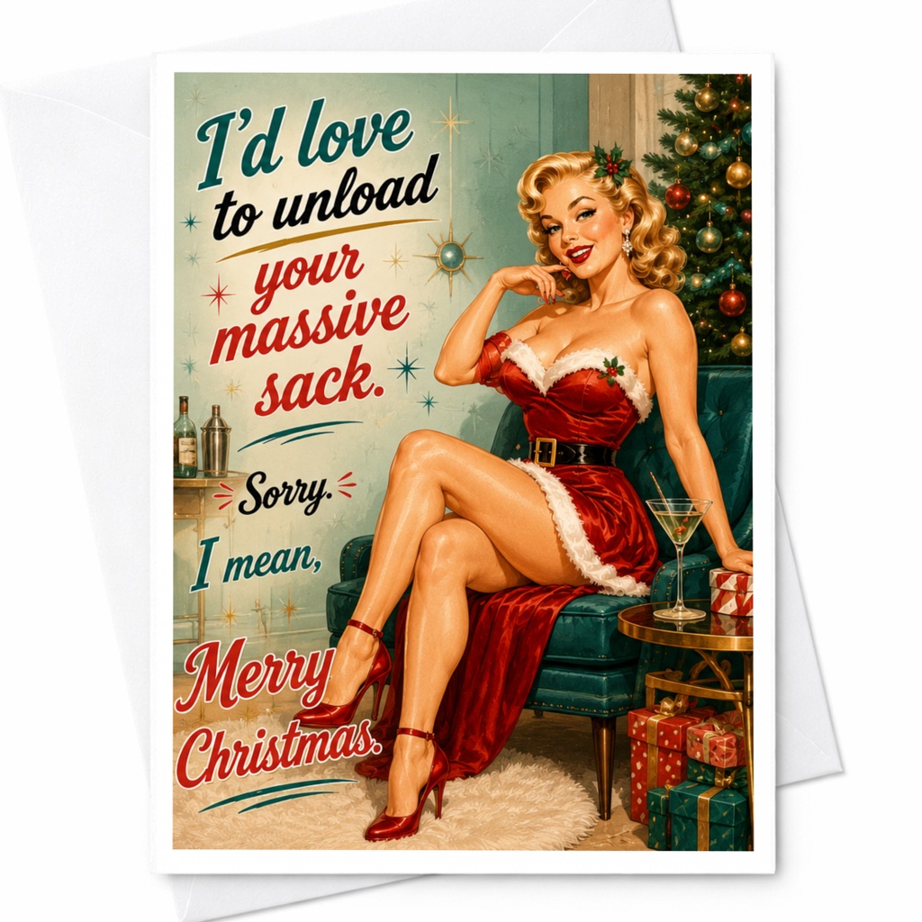 I'd Love To Unload Your Massive Sack Merry Christmas Card Funny Holiday Greeting Card Pin-Up Style For Him Her C5830